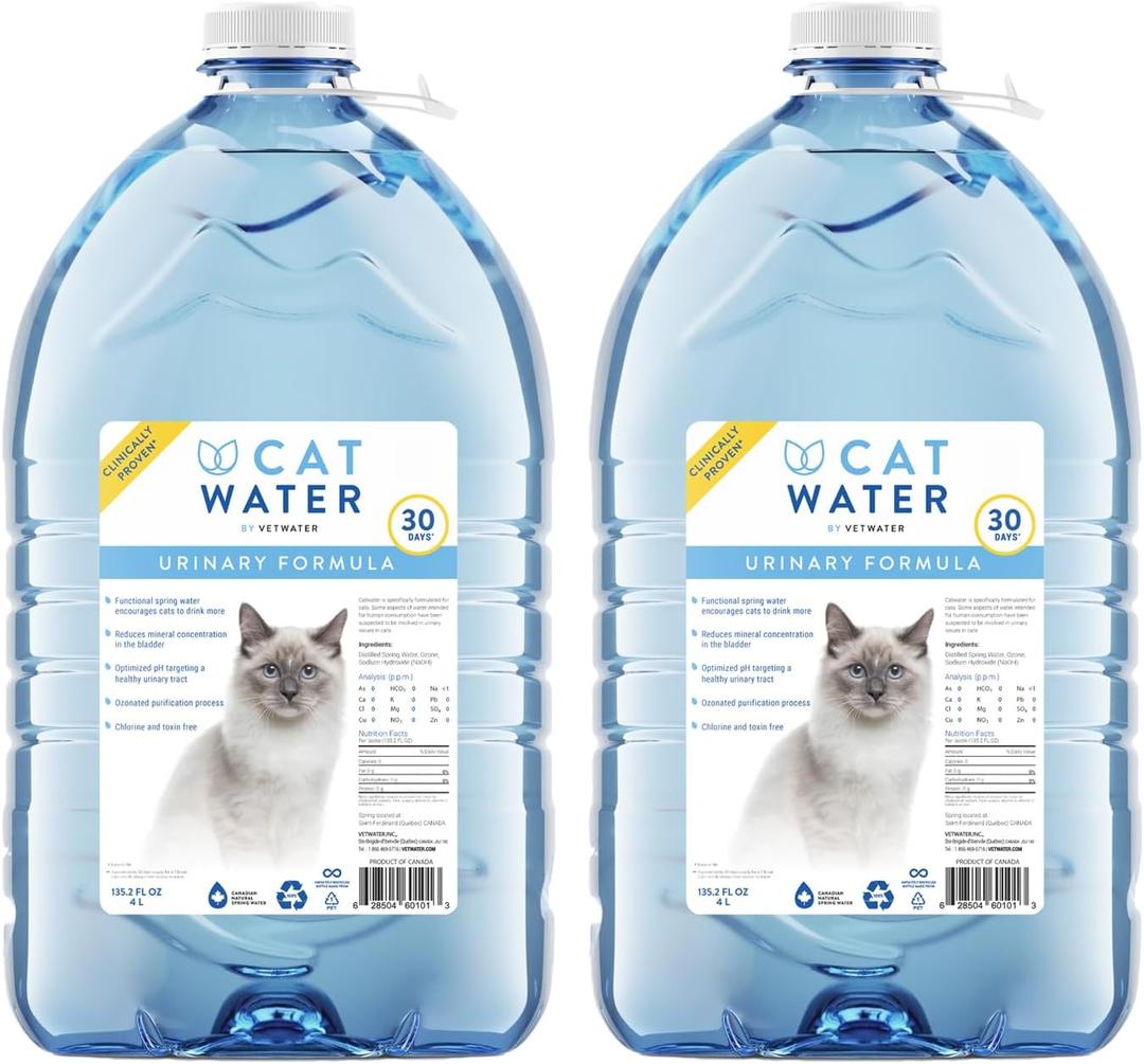 by VETWATER | ph-Balanced and Mineral-Free Cat Water | Clinically Proven Urinary Formula | Helps Prevent Cat Urinary Issues, FLUTD | 135.2 oz, 2-Pk, Clear (CW60101-2)