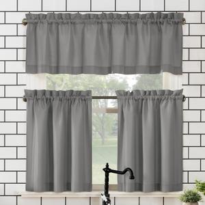 No. 918 Martine Microfiber Semi-Sheer Rod Pocket Kitchen Curtain Valance and Tiers Set, 54" x 45", Gray (Grey)