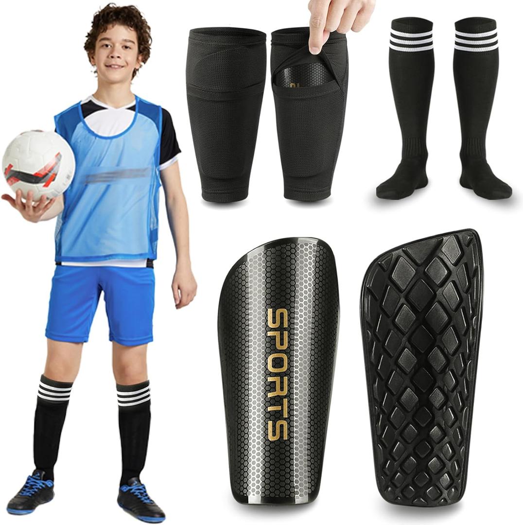 Soccer Shin Guards for Kids Adults, Toddler Shin Pads Set with Sleeves and Long Soccer Socks for Age 2-16 Boys & Girls, Youth &Men, Lightweight Soccer Equipment, (M, Black)