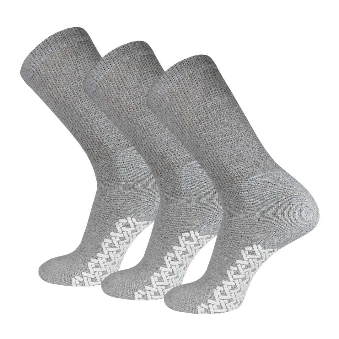 Diamond Star Anti Skid Socks Non Slip Non Binding With Grips Hospital Diabetic Crew Socks For Men Women (3 Pack Grey, Big & Tall Men 13-15 Shoe Size 9-14)