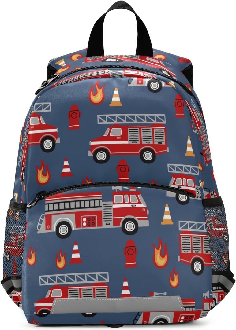 Fisyme Fire Trucks Blue Backpack Schoolbag Kids Daypack Toddler Travel School Bag Small Mini Backpacks for Kindergarten Preschool Nursery Children Boys Girls with Chest Strap (Multicolor-4)