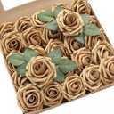 Floroom Artificial Flowers 25pcs Real Looking Antique Gold Foam Fake Roses with Stems for DIY Wedding Bouquets Bridal Shower Centerpieces Floral Arrangements Party Tables Home Decorations