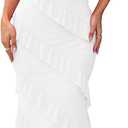 HOCILLE Women's Sexy V Neck Backless Bodycon Spaghetti Strap Elegant Ruffle Maxi Cocktail Party Dresses (Medium, White)
