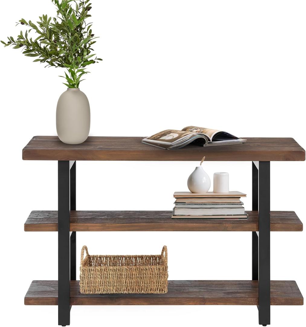 Alaterre Furniture Pomona 48" Solid Pine Wood Media Console Table with 2 Open Shelves and Metal Legs - 3-Tier Storage Display and Rustic Industrial Accent Furniture in Natural Finish (Brown)