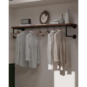 Clothes Rack 48in, Wall Mounted Garment Racks with Real Wood Shelf, Heavy Duty Hanging Clothes Rack, Multi-Purpose Hanging Rod, Space-Saving Closet Storage