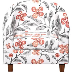 Club Chair Slipcover Printed 2 Piece Round Barrel Chair Cover Tub Armchair Covers with Elastic Bottom Chair Coverings Furniture Protector for Bar Counter (White+red Flower)