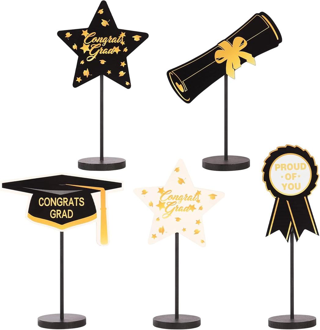 2026 Graduation Decorations, 5Pcs Black Gold White Wooden Table Centerpieces Decor Include Grad Cap Diploma Star Supplies Medal Sign, of Congrats Graduation Day Class Party Decoration.