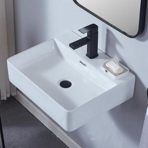 VAPSINT 20" X 17" Wall Mounted Bathroom Vessel Sink, Contemporary Porcelain Ceramic Wall Mount Floating Sink, Commercial Rectangular One Hole Wall Hung Sink for Small Bathroom Lavatory Vanity (White)