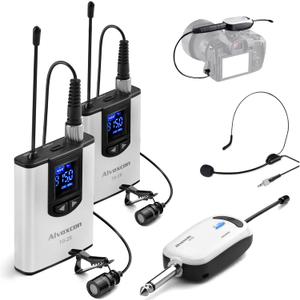 Alvoxcon TG220S Dual Wireless Lapel Mic for iPhone, DSLR Camera, PA Speaker, YouTube, Podcast, Video Recording, Conference, Vlogging, Church, Interview, Teaching (Silver)