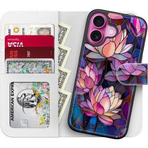 LUHOURI for iPhone 16 Case Wallet - Wireless Charging Compatible Detachable Flip Folio Leather Cover - RFID Blocking 4 Card Slots Holder - Protective Phone Case for Women - Vibrant Lotus Flower