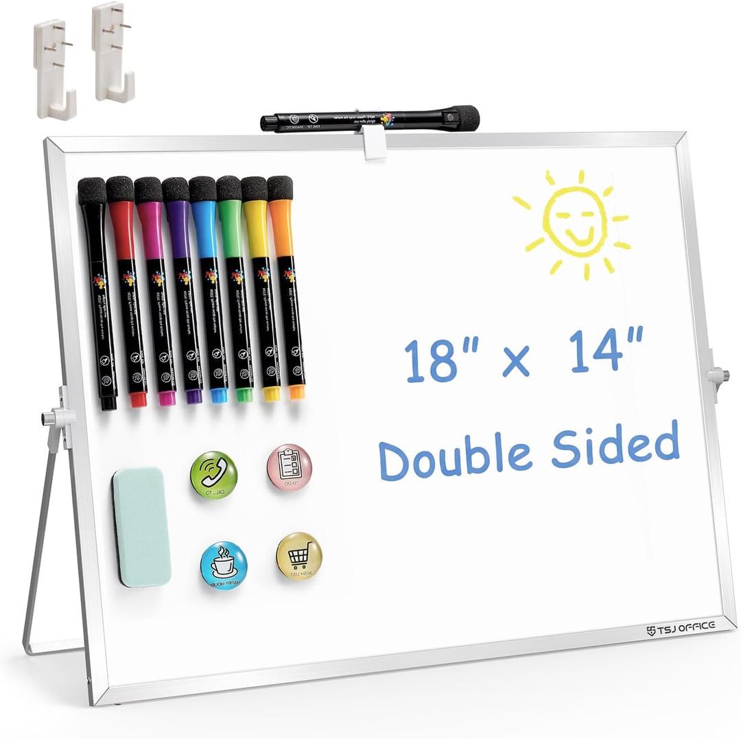TSJ OFFICE Small White Board - 18 X 14 Inches Small Magnetic Dry Erase Board with Hooks for Wall, Desktop Whiteboard Stand 360 Degrees Revolving Double Sided for Office, Home, School, Silver