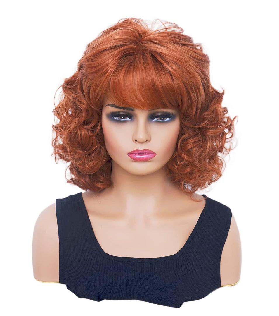 Short Copper Red Wigs for Women Auburn Wavy Shoulder Length Wig with Bangs Synthetic Ginger Curly Natural Wig for Role Play, Halloween, Daily Use