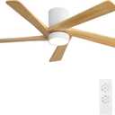 WINGBO 54 Inch Flush Mount DC Ceiling Fan with Lights and Remote, 5 Reversible Carved Wood Blades, 6-Speed Noiseless DC Motor, Hugger Ceiling Fan in White Finish with Oak Blades, ETL Listed