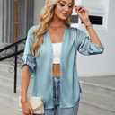 Blooming Jelly Womens Button Down Shirts 3/4 Sleeve Dressy Casual Tops Pleated Satin Silk Business Blouses 2026 (Blue, S)