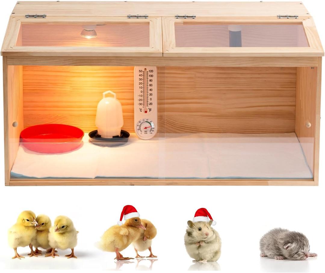 Large Wooden Chicken Brooder Box with Bulb Set and Thermometer - Brooder Box for Chicks Indoor Accommodates Up to 12 Chicks - Ideal for Chickens, Ducks, Quails, Hamsters, and Lizards32x16x16 Inches