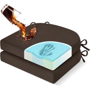 downluxe Chair Cushions for Dining Chairs, Memory Foam Linen Kitchen Chair Pads with Ties, Waterproof, Stain-Resistant and Washable Cover, 17" x 16" x 2.5", Brown, 2 Pack