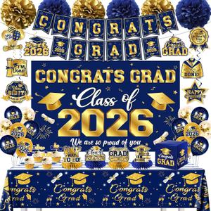 Graduation Decorations 2026 Sky Blue and Gold Class of 2026 Banner Congrats Grad Backdrop Tablecloth Balloons Hanging Swirls Honeycombs Cupcake Toppers Box Pompoms for Graduation Party Decor Supplies