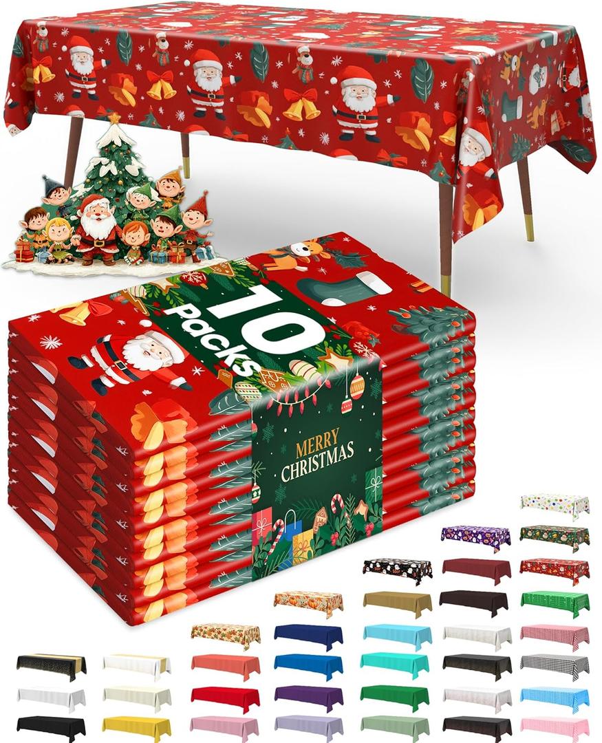 Pureegg Plastic Table Cloth Disposable 10 Pack, 54 x 108 Inch Table Cloths for Parties, Decorative Tablecloths for Rectangle Tables, Christmas Tablecloth Plastic, Leakproof & Sturdy, Christmas Red