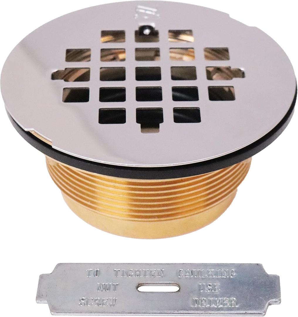 Westbrass D206B-26 2" No-Caulk Brass Compression Shower Drain with 4-1/4" Round Grid Cover, 1-Pack, Polished Chrome