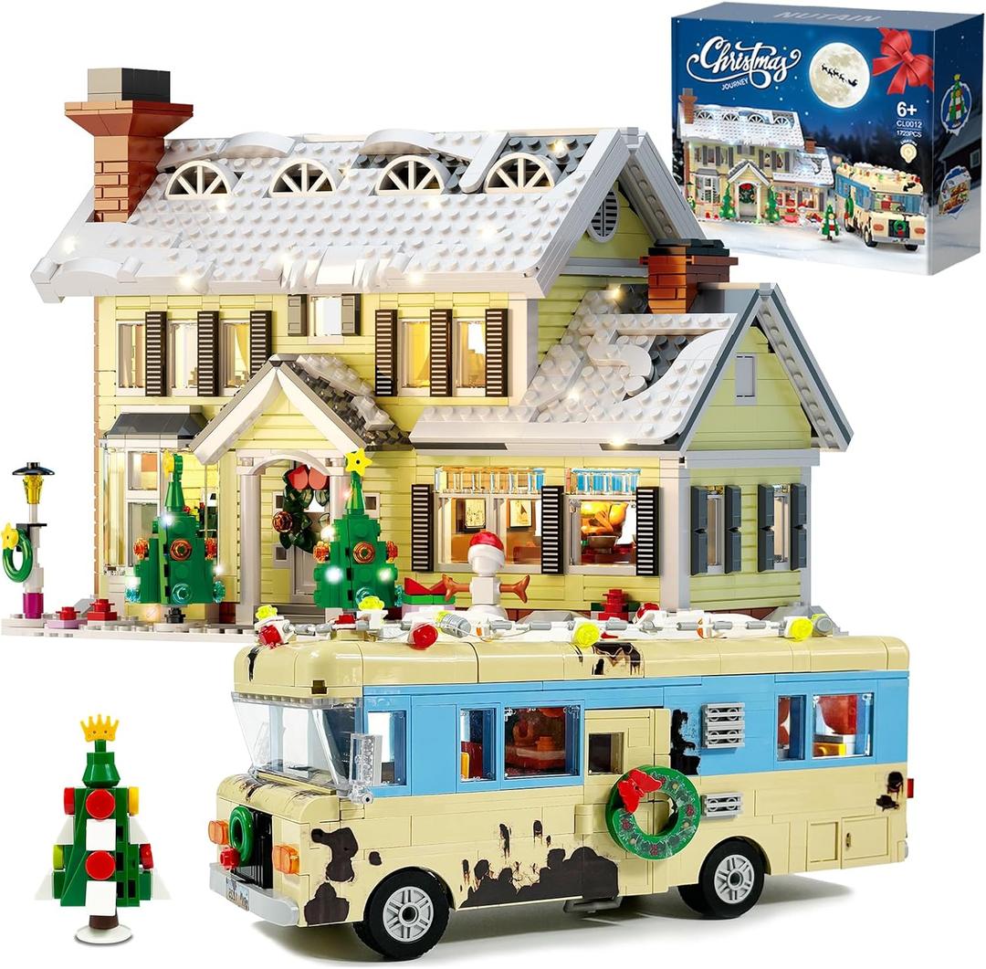 Snow Village& RV Building Set with LED Lights,2 in 1 Christmas Vacation Holiday House and Christmas Holiday Snow Village RV Gift(1726PCS)