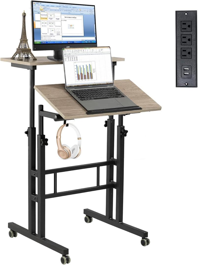 Hadulcet Mobile Standing Desk with Charging Station, Adjustable Standing Computer Desk, Standing Adjustable Laptop Cart with Wheels for Home Office Classroom Light Grey (23.6")