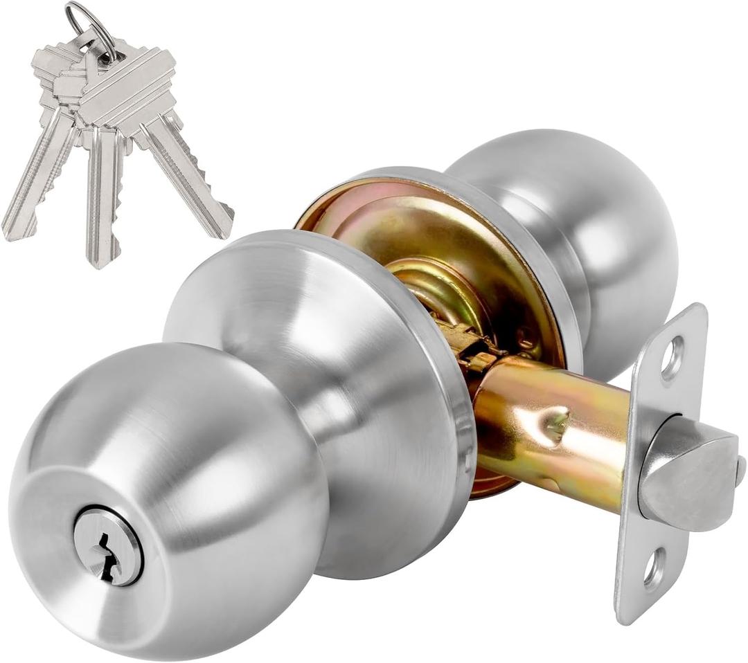 Keyed Entry Door Knob with Lock and Key, Exterior and Interior Door Knob for Bedroom or Bathroom, Satin Nickel (1 Pack)