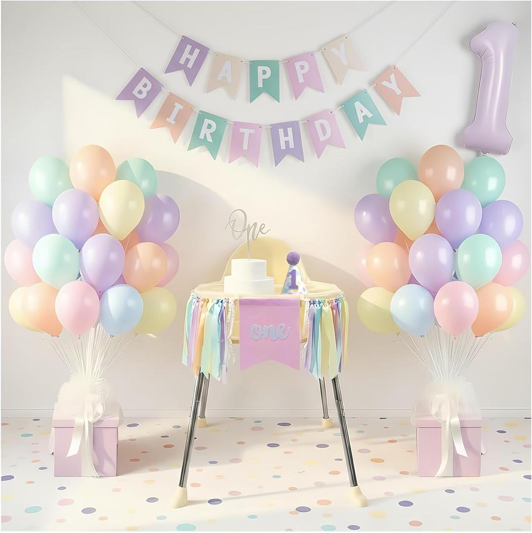First Birthday Decorations for Girl - Complete Party Set with High Chair Banner, Party Hat, Number 1 Balloon, One Cake Topper, Latex Balloons & Birthday Banner(Pastel)