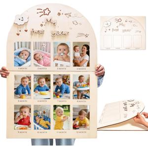 Large Foldable My First Year Photo Board, 33 x 22 Inch Wooden My First Year Photo Frame, First Year Photo Board for 12 Monthly Baby Pictures, First Birthday Decoration & Newborn Parents Gift (Cloud, 12 Photos)