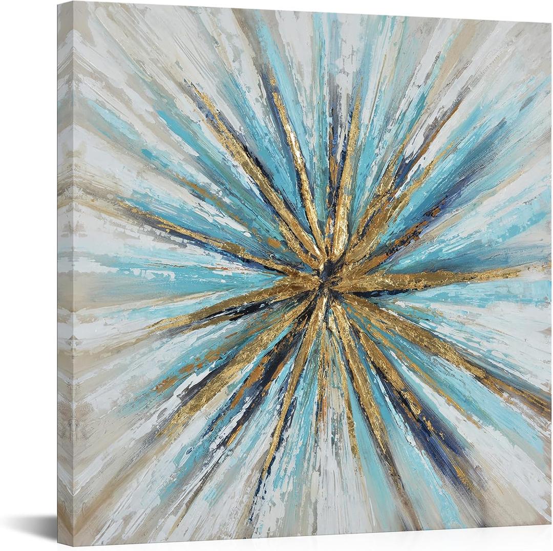 Canvbay Modern Abstract Canvas Wall Art Teal and Gold Foil Textured Painting Artwork Contemporary Turquoise Square Print Poster Framed for Living Room Office Home Decor Ready to Hang 24x24inch