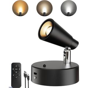 LYTARA LED Spotlights Indoor, 5000mAh Rechargeable Picture Lights, Dimmable&Timer, 3CCT, Cordless LED Uplights with Remote, Max 150LM, Accent Lighting for Artwork Plants Painting (Black, 1 Pcs)