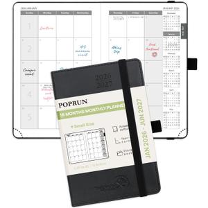 POPRUN Pocket Monthly Planner 2026-2027 (Pocket- 4''x 6.25'' Soft Leather Cover) - 18 Month Calendar Book for Purse (Jan.2026 - Jun. 2027), 100 GSM Thick Paper - Black