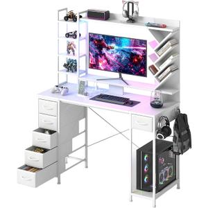 YOSHOOT 47.24" Gaming Computer Desk with Hutch, 6 Drawers, White, 18.9"D x 47.24"W x 62.2"H