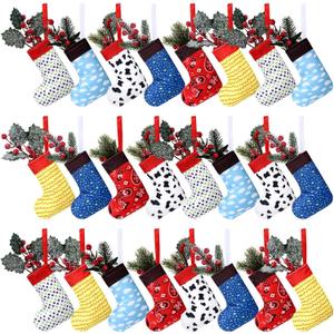 Realspring 24 Pack Christmas Mini Cartoon Stockings 6 Inch Christmas Cow Blue Sky White Cloud Hanging Tree Ornament Stockings Filling Gift Fireplace Decorations Supplies for Xmas Holiday Present