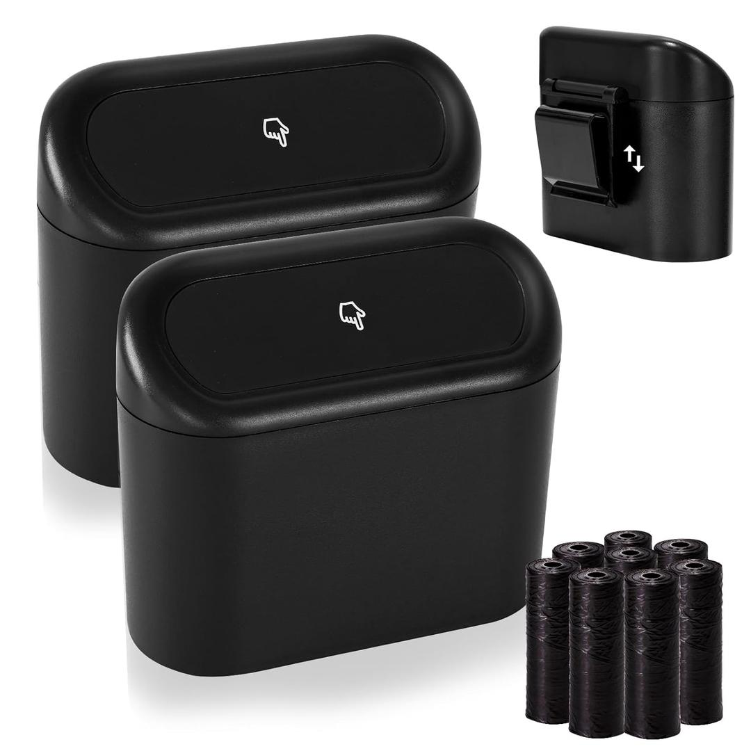 Ginsco 2 Pack Mini Car Trash Can with Lid, Small Car Garbage Can, Cute Leakproof ABS Trash Bin, Cars Accessories for Interior, Garbage Bin for Car, Home, Office with 120pcs Trash Bags Black