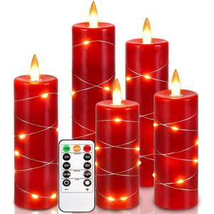 Red Flameless Candle Fairy String Light, Water Drop Flame, Advanced LED Flame Simulation with Remote and Timed Candles, 5-Cell Battery PoweredChristmas Candle