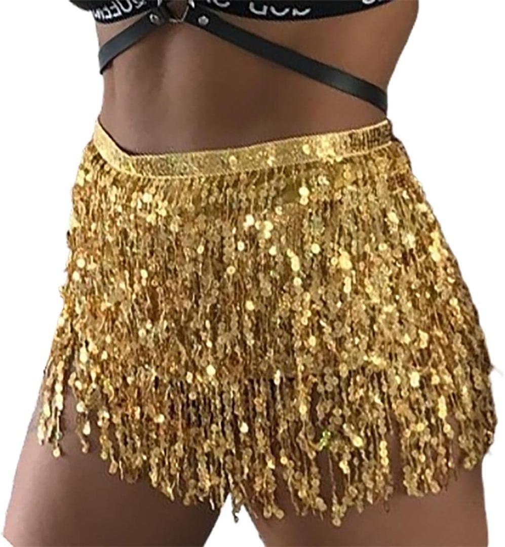 Cubahop Boho Sequin Belly Dance Skirt Hip Belt Tassel Skirt Hip Wrap Scarf Rave Music Festival Costume for Women Girls (Gold) One Size