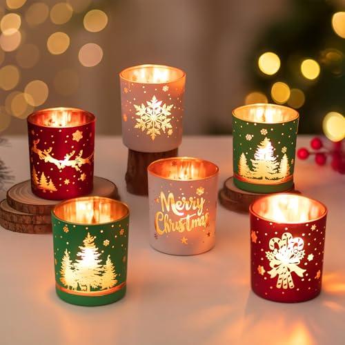 Hewory Christmas Votive Candle Holders: Christmas Tea Light Candle Holder Set of 6, Cylinder Glass Candle Holders Centerpiece Christmas Decorations Indoor Home Decor for Table Fireplace Holiday Party