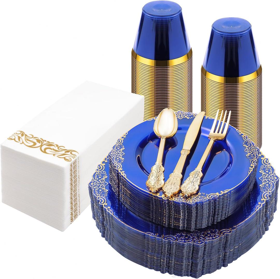 Bestluck 175PCS Clear Blue Plastic Plates for 25 Guests, Disposable Plates with Gold Trim include 25 Dinner and Dessert Plates, 75 Gold Silverware, 25 Cups, 25 Napkins for Party, Wedding & Graduation