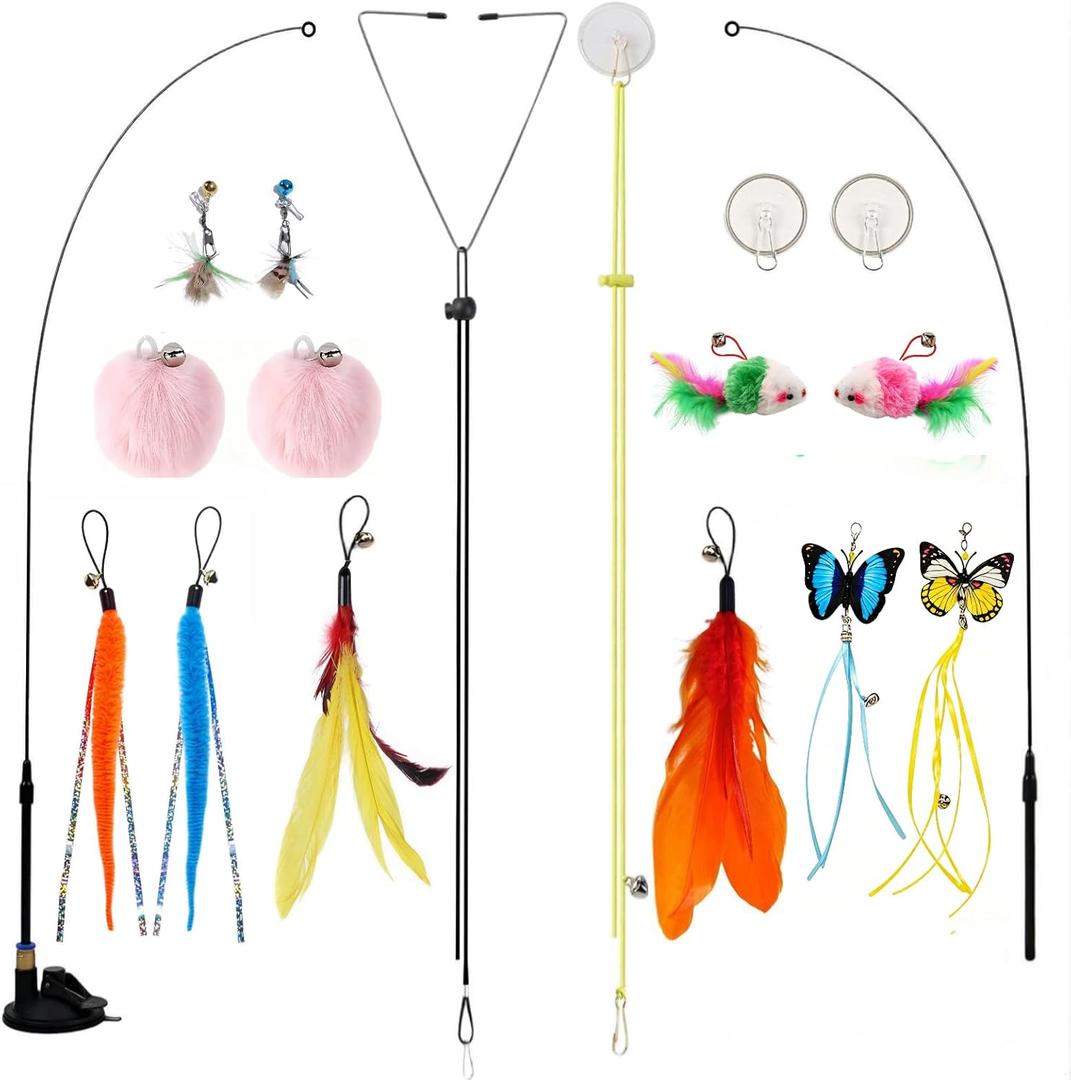 Suction Cup Cat Toy for Indoor Cats, 4 Play Modes Hands Free Interactive Cat Teaser Wand with 12 Replaceable Bell Attachments, Self Play Kitten Toys for Boredom Relief and Exercise