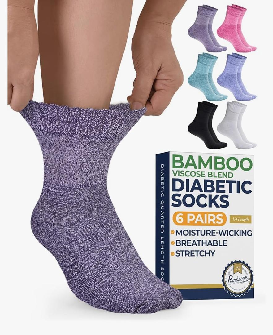 Pembrook Bamboo Viscose Diabetic Socks for Women & Men - 6 Pairs Ankle Socks for Swollen Feet | Neuropathy Socks, M