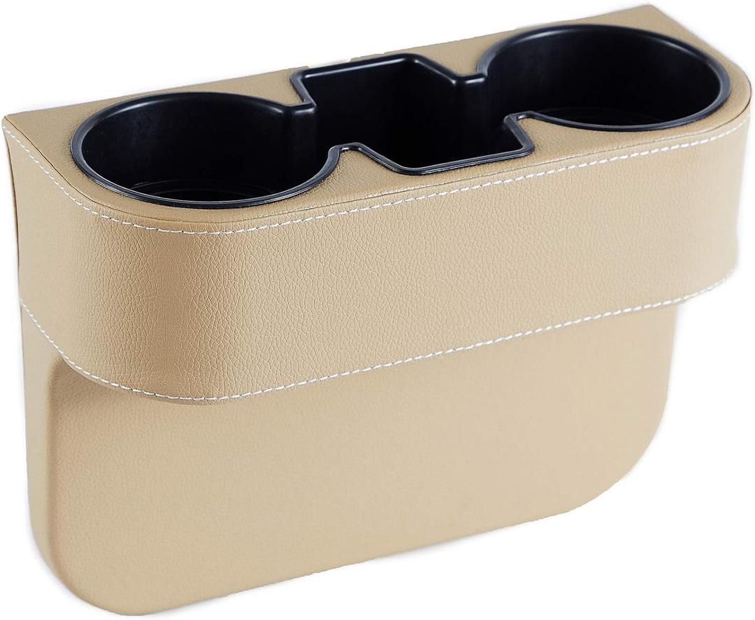 IOKONE Coin Side Pocket Console Side Pocket Leather Cover Car Cup Holder Auto Front Seat Organizer Cell Mobile Phone Holder (Beige)