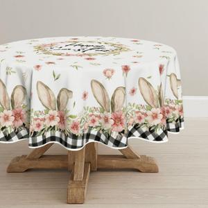 Horaldaily Easter Tablecloth 9090 Inch Round, Spring Flower Buffalo Plaid Bunny Ear Washable Seasonal Table Cover for Party Picnic Dinner Decor