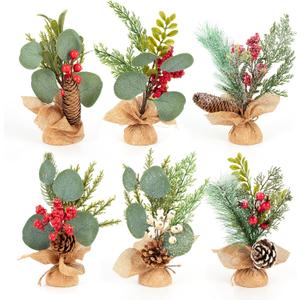 6 PCS Rustic Mini Christmas Tree Tabletop Set, Mixed Green Leaves, Red Berries and Pine Cones, 9 inch Artificial Trees with Burlap Bases, Ideal for Holiday Home Office Table Centerpiece