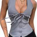 Womens Summer Solid Color Single-Breasted Front Tie Neck Tank Top Fashion Clothes, S