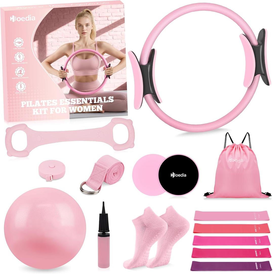 Hoedia 17 PCS Pilates Kit for Women, Pilates Equipment Ring and Ball Set with Resistance Bands, Yoga Strap, Core Sliders, Socks, Bag & Guide for Starter Home Workout Fitness Gym Essentials (Pink)