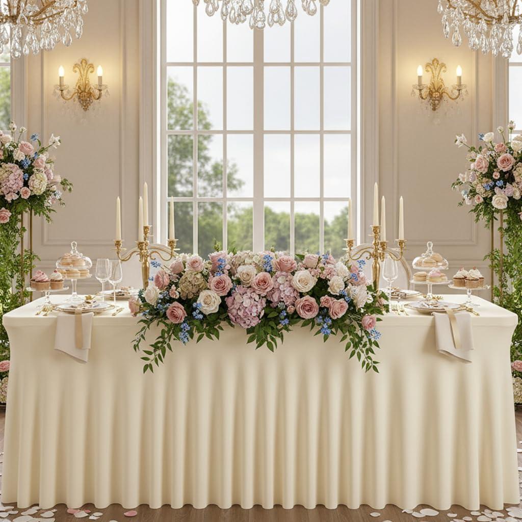 6FT Ivory Rectangular Tablecloth - Washable & Wrinkle-Free Stretch Fit with Table Skirt Design for 72 Inch Tables, Perfect for Wedding Parties Banquet Ideal for Event Planner & Home Host