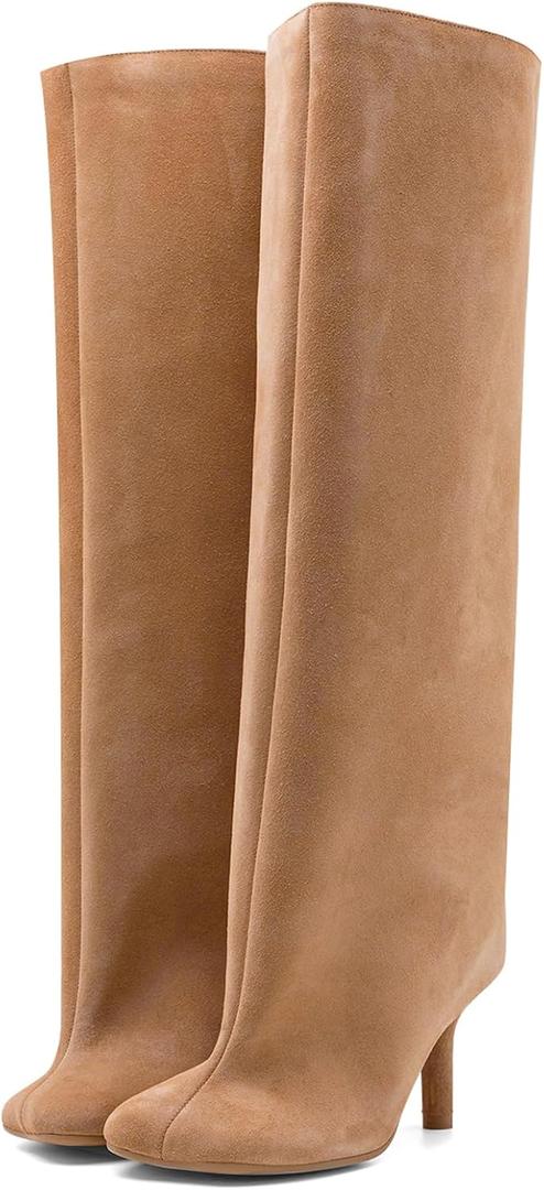 Women's Knee High Suede Boots for Women Wide Calf Square Toe Stiletto Heels Tall Boots Pull On High Heel Long Booties (7, Nude)