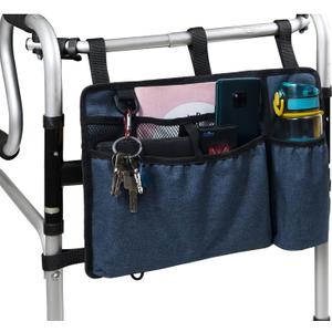 Caroo Walker Bag Basket with Cup Holder Suit for Adult Folding Walkers Rollator Organizer Carry Storage Pouch Water-Resistant Armrest Accessories for Seniors, Elderly, Handicap, Blue
