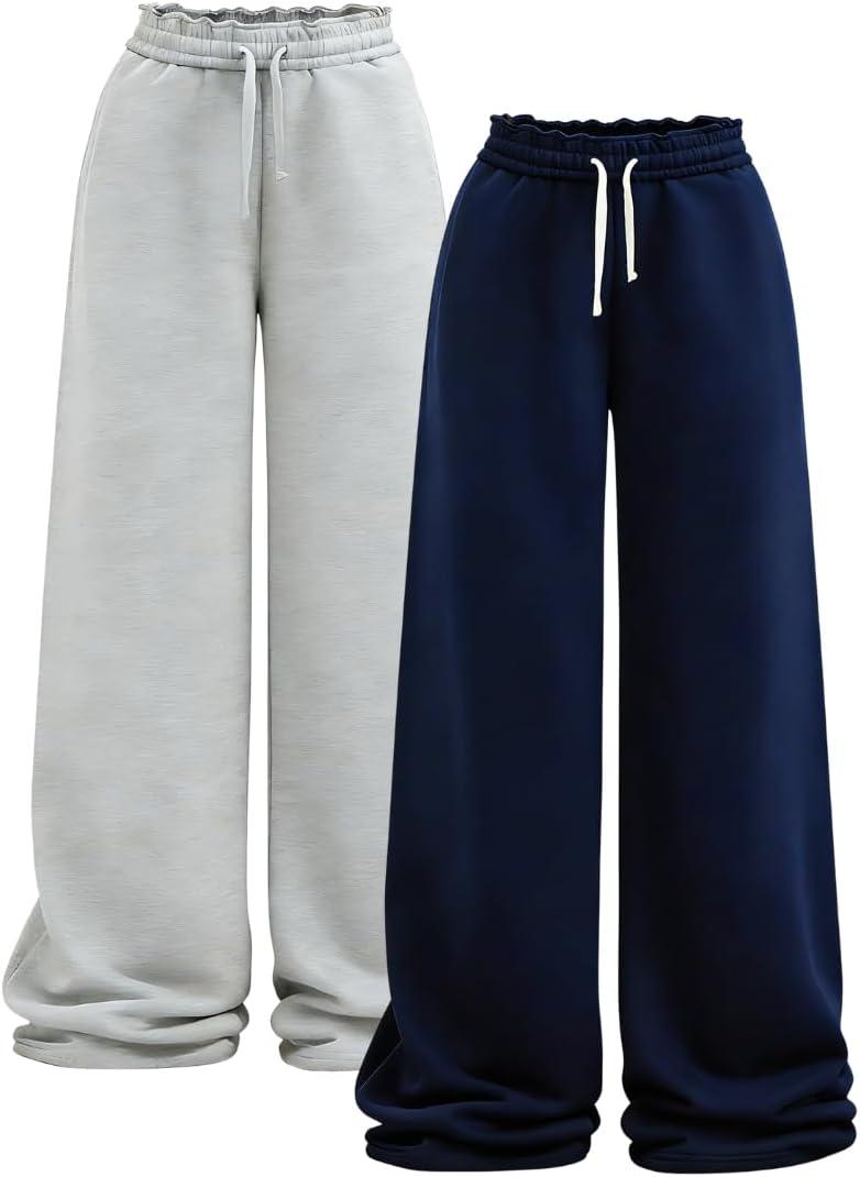 Azmxynol Tween Girl's Sweatpants 2 Pack Trendy Wide Leg Baggy Cute Pants with Pockets Size: 11-12 Years