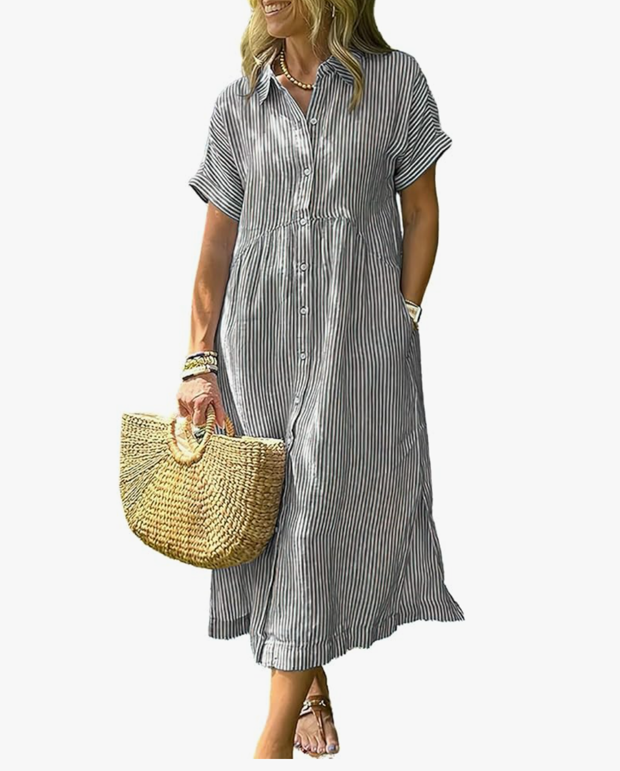 ebossy Women's Boho Striped Shirt Dress Button Up Side Slit Loose Mid Long Cotton Dress with Pockets XL
